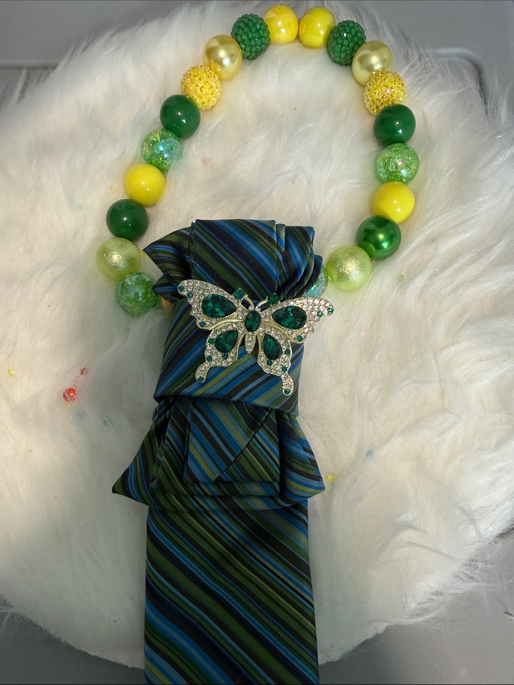Green & Blue Striped Necktie with Emerald Butterfly Brooch